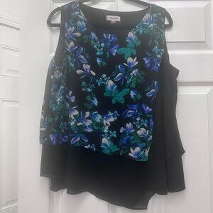 Black Floral Calvin Klein Layered Hem Asymmetrical Blouse Size XL